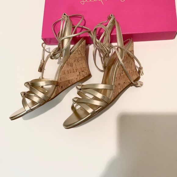 Lilly Pulitzer Casey Gold Metallic Leather Ankle Strap Heels Cork Wedge Sandal 7 - Picture 11 of 14